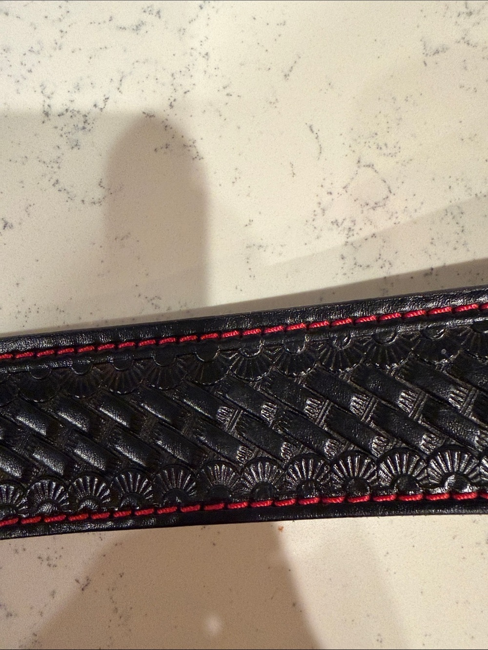 Local Artisan Made Hand Embossed Leather Biker Belt with Red Contrast Stitching - Picture 3 of 8